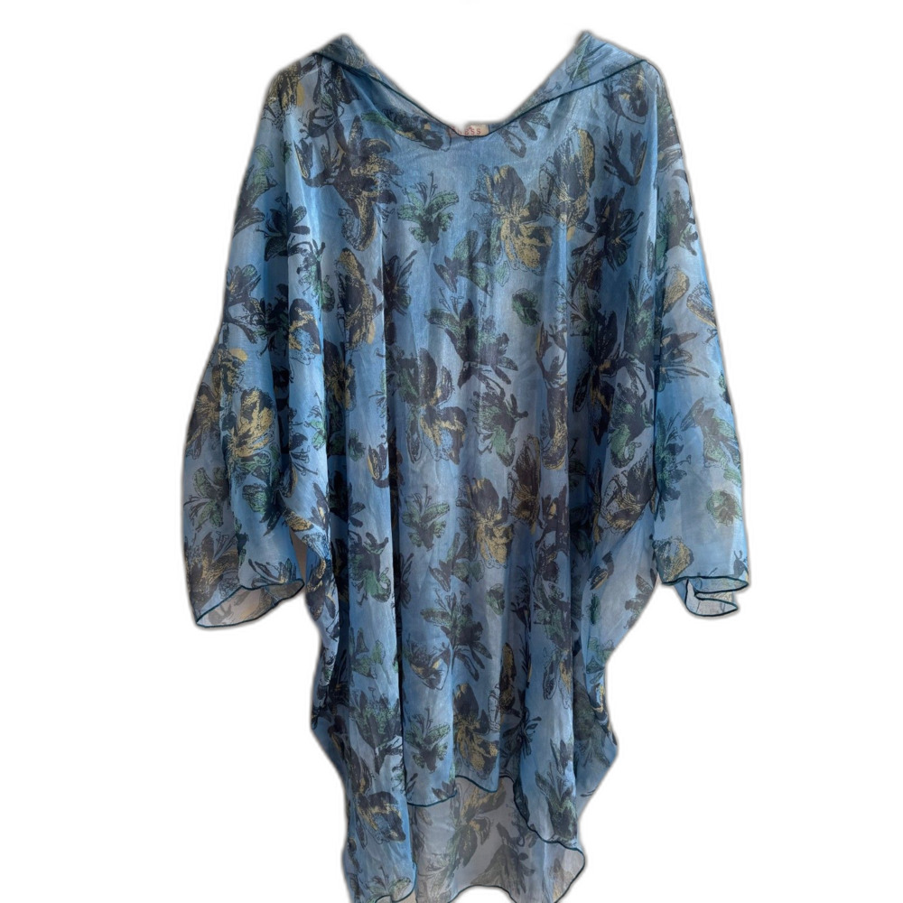 Sheer Floral Kaftan Swim Coverup Hooded Tassel Detail Resort Wear Vacation Beach